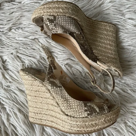 JIMMY CHOO Calfskin Snake Print Embossed Polar Beige Espadrille Sandal Wedges 37 - Picture 3 of 11